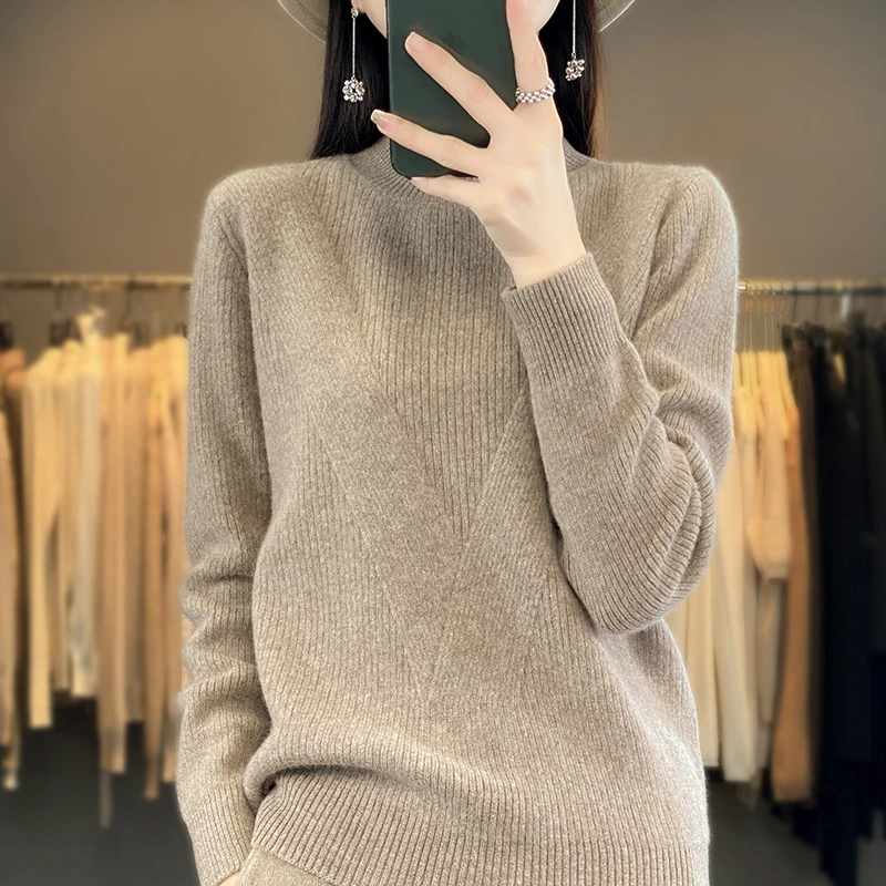 

Half High Neck 100% Merino Pure Wool Sweater Women's AutumnWinter Long Sleeved Solid Color Pullover Loose Knit Jumper Top