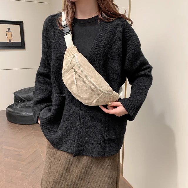 Women Waist Bag Corduroy Student Shoulder Handbag Crossbody Chest Breast Bag Fanny Pack Fashion Phone Female Bum Belt Purse 2
