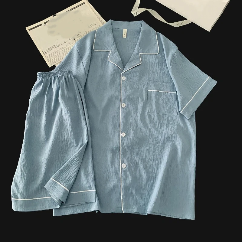 L-5XL High Quality Men's Pajama Set Solid Short Sleeve Lapel Top and Elastic Shorts Pajamas Set Summer Loungewear Sleepwear PJS