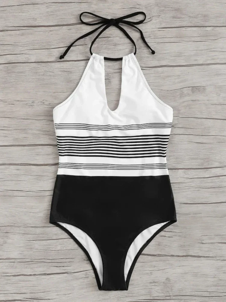 

Sexy Female Swimsuit One Piece High Neck Bikini 2022 New Cutout Bathing Suit Striped Swimwear Women Monokini Summer Beach XL