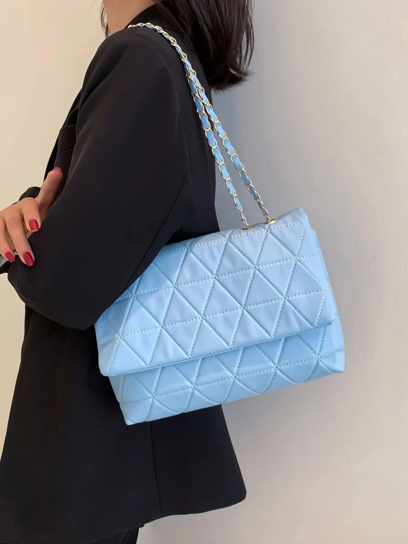 Fashion Blue Pu Flap Bag Golden Large Capacity Niche Geometric Handbag Women\'s Bag Embroidery Thread Metal Chain Shoulder Bag