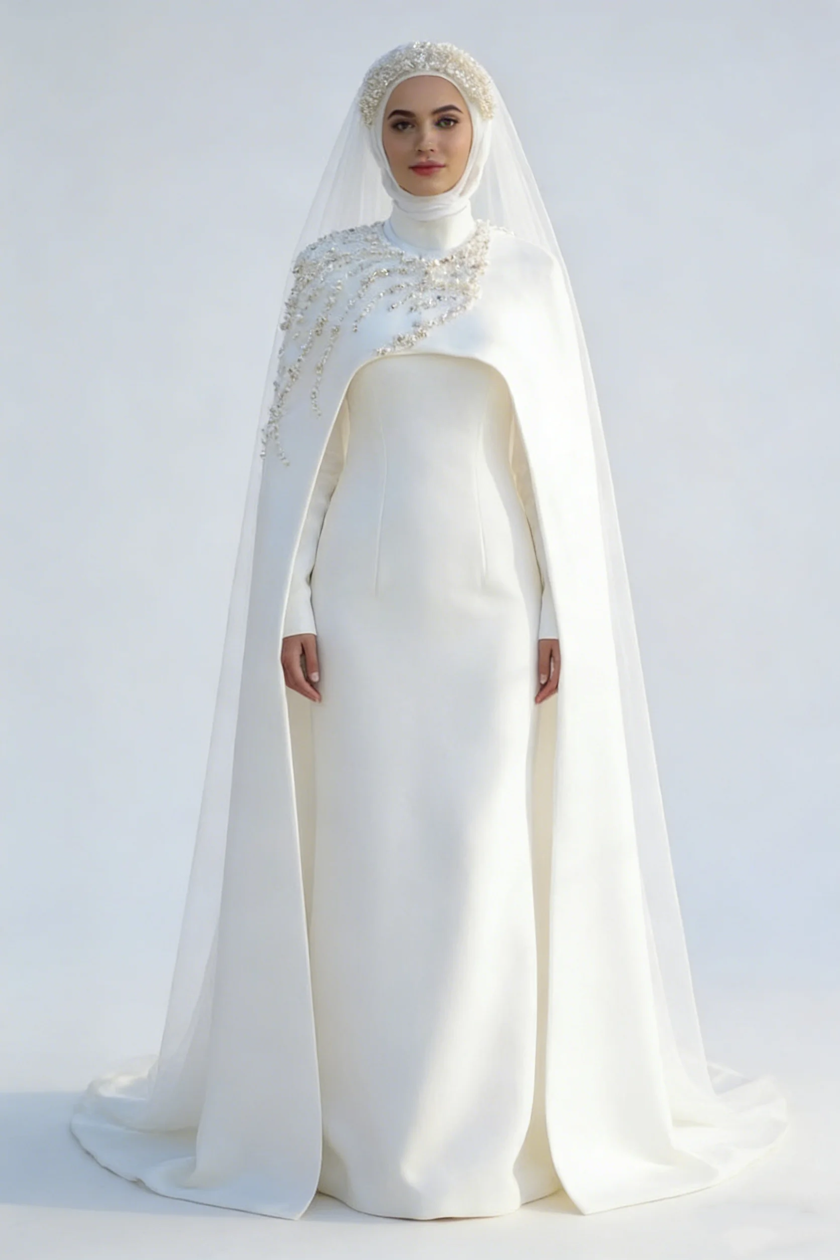 Women's White Muslim Style Wedding Dress With Long Sleeves High Collars Satin Pearl Sequins Decoration Vestido De Novia Custom