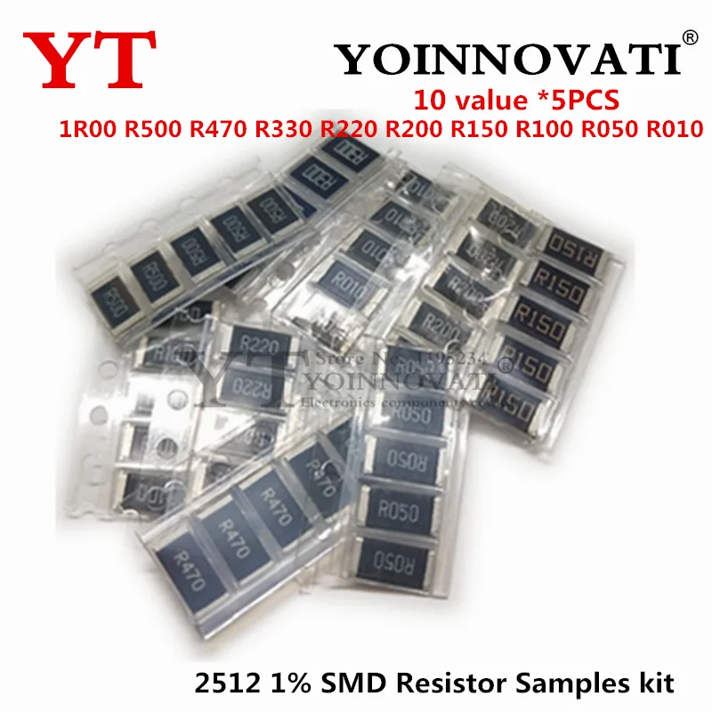 50PCS 2512 1% SMD Resistor Samples Kit 10 ValueX5pcs 1R00 R500 R470 R330 R220 R200 R150 R100 R050 R010