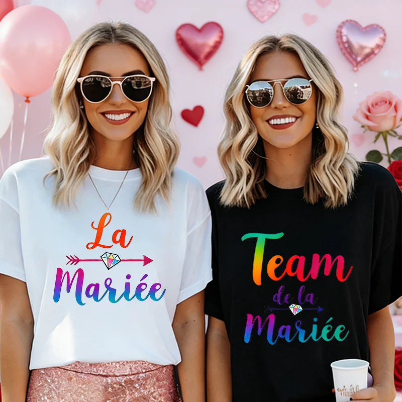 French Women Future Bride Team T-Shirt, Colorful Diamond Arrow Print Casual Tops for Single Farewell Bridal Party Hen Night EVJF