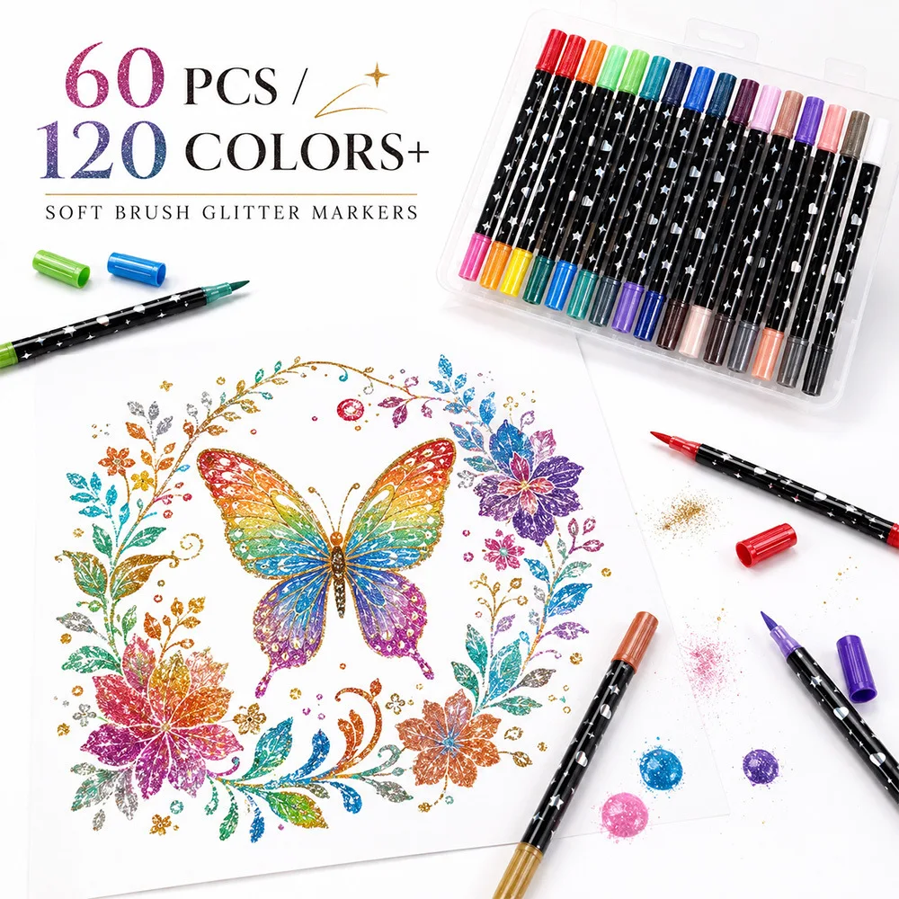 48/120 Colors Dual Tip Glitter Markers Set Dual Color Sparkle Pens Quick-Dry for Scrapbooking Card Making Journaling Art Supplie
