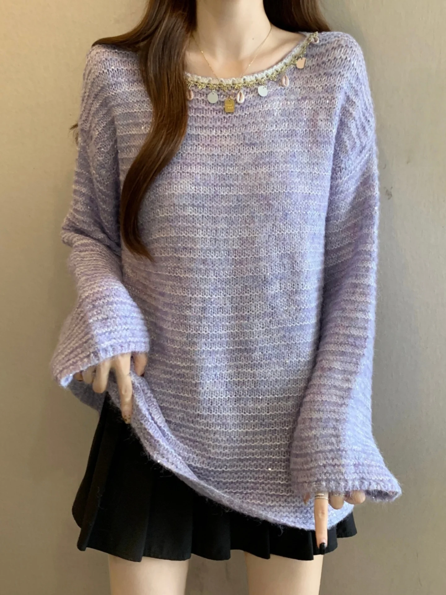 

Purple Sequin Knitted Base Shirt Sweater Women Spring Autumn plus Size Beautiful Slimming Tummy Covering Unique Elegant Top