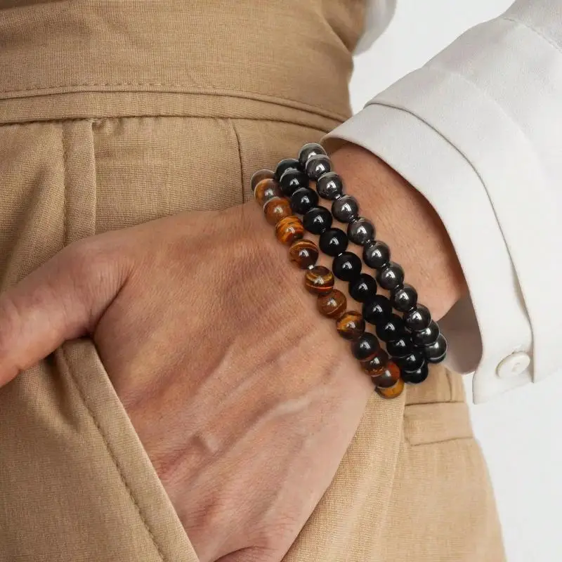 3 Pcs Set Bohemian Gemstone Bracelet Women Men Tiger Eye Black Obsidian Hematite Lucky Wealth Love Gift
