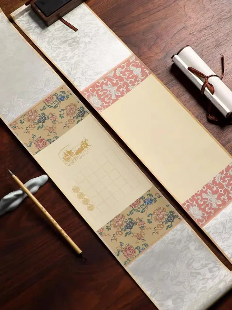 Mini Hanging Scroll Batik Xuan Paper Grid Blank Half-Ripe Rice Paper Chinese Calligraphy Painting Scroll 13.5x71cm