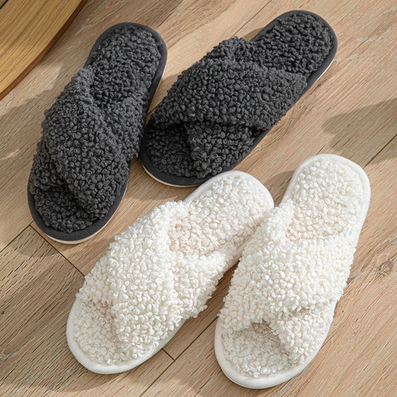 Fashion Cross Strap Fuzzy Slippers Women Indoor House Non Slip Warm Plush Woman Slippers Winter Comfort Soft Sole Cotton Slides