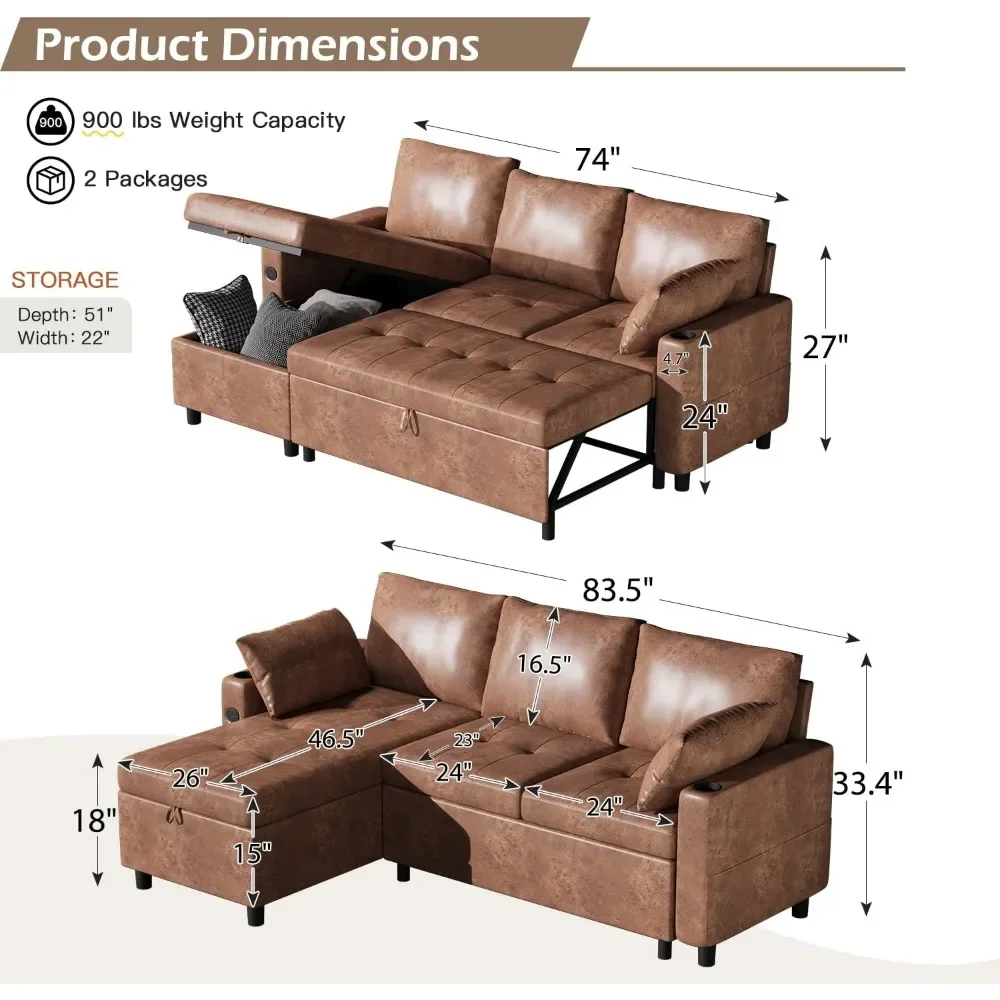 L-Shaped Sleeper Sofa - Faux Leather Sectional w/ Pullout Bed & Reversible Storage Chaise"