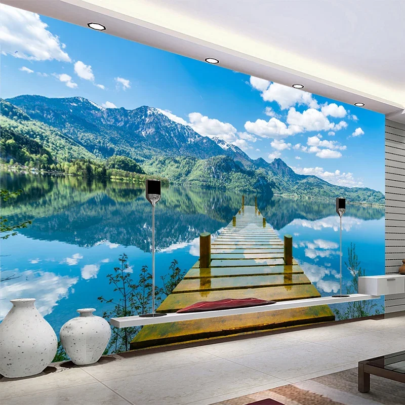 3D Wallpaper Nature Scenery Blue Sky Wooden Bridge Lake Photo Wall Mural Living Room TV Sofa Backdrop Home Decor Wall Background