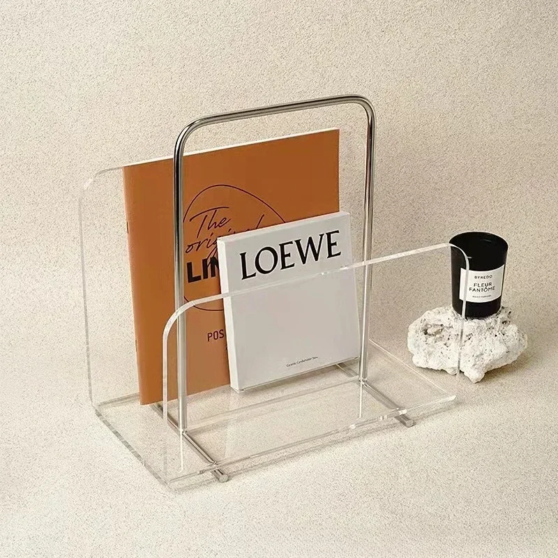 Transparent acrylic, stainless steel metal, simple modern desktop study storage, book magazine rack