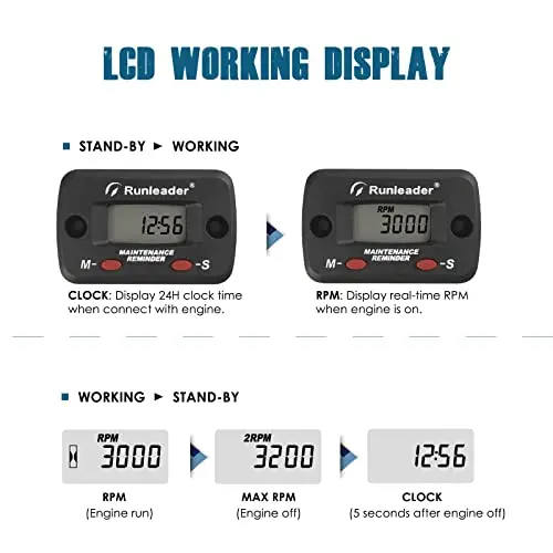 Digital Tach Hour Meter, Maintenance Reminders,User Shutdown,for Lawn Tractor  Generator ATV Chainsaw Snowmobile.