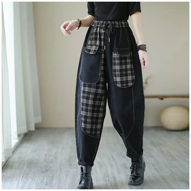 Large Pocket Checkered Jeans Women Spring Autumn New long Pants Womens loose Casual Jeans Woman Fashion Versatile Harun Pants