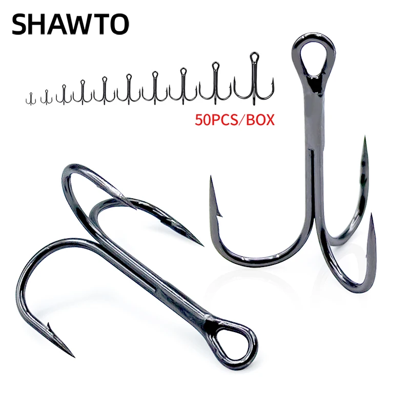 

Shawto Strong Treble Fish Hooks 4/0# 6/8/10/16# High Carbon Steel Barbed 50Pcs/Box Sharp Triple Hook for Saltwater Freshwater