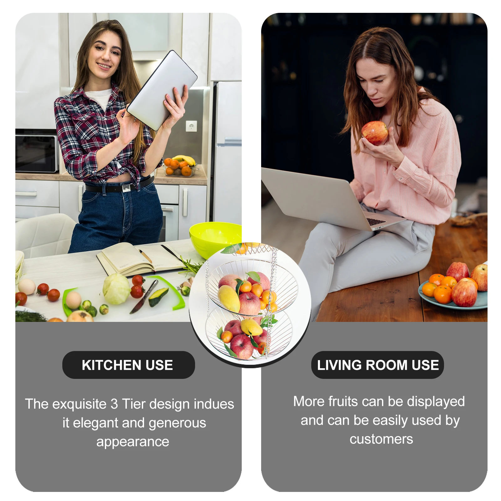 

3 Tier Fruit Display Basket Premium Wire Hanging Fruit Bowl with Sturdy Drain Design Kitchen Organizer Storage Solution