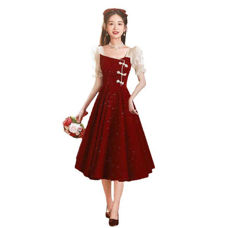 Elegant Woman Chinese Traditional Res Dress Vintage Princess Dress for Part Oriental Wine Red Cheongsam Bride Wedding Qipao