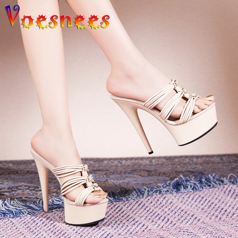 

2023 Summer New Narrow-band Sandals 13CM Thick Sole Slippers Women Pearl Fashion Outdoors High Heels Designer Party Women Shoes