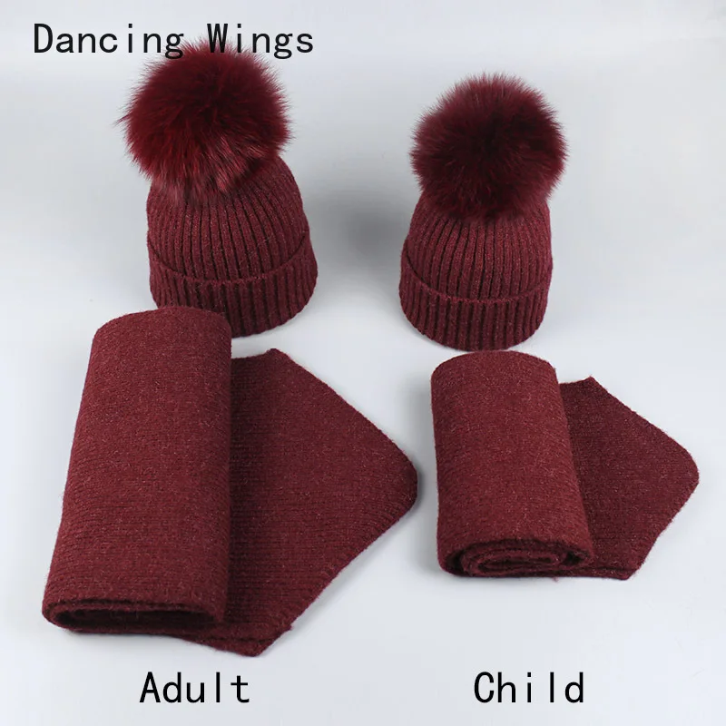 

Women Winter Hat And Scarf For Girls Boys Children Real Fox Fur Pompom Knitting Beanie Hats Kids 2 pieces Pom Pom Hat