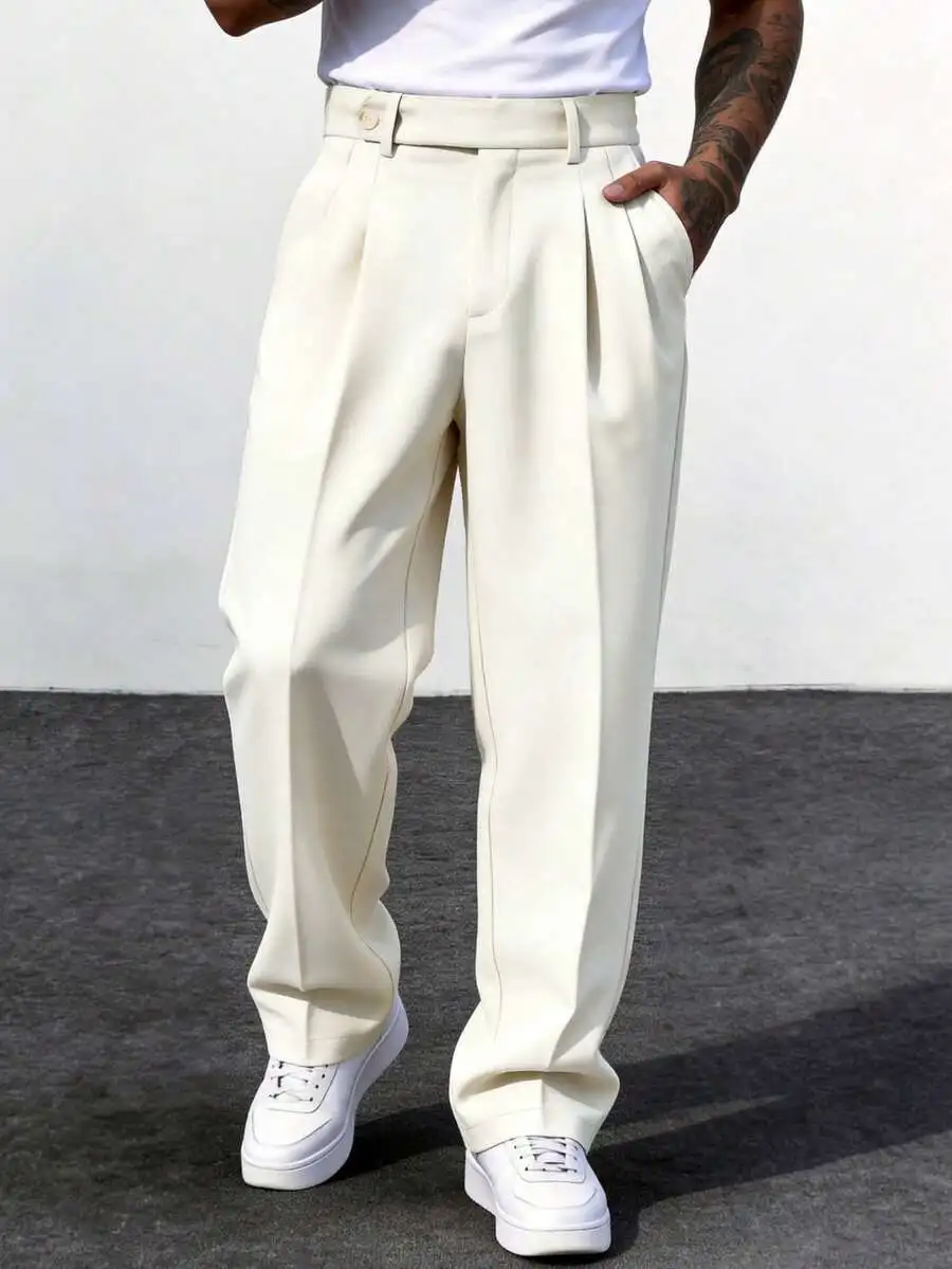 Men's Cream White Suit Pants, Retro Loose Smart Casual Straight-Leg Suit Trousers, Beige Summer Office Old Money Style