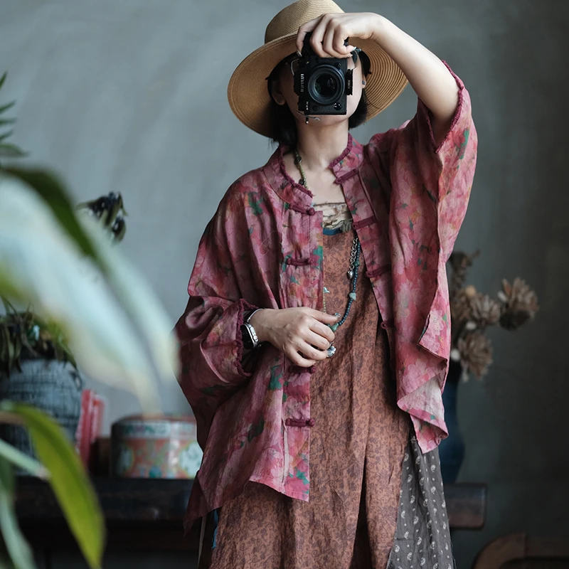 Chinese Style Women Casual Shirt New 2026 Summer Floral Print Loose Comfortable Female Ramie Batwing Sleeve Tops Shirts M2764