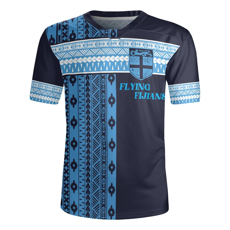 3D The Republic-of Fiji Flag Printing V Neck T Shirt Fiji Rugby-Jersey Emblem Graphic V neck T Shirts For Men Fashion Tee Shirts