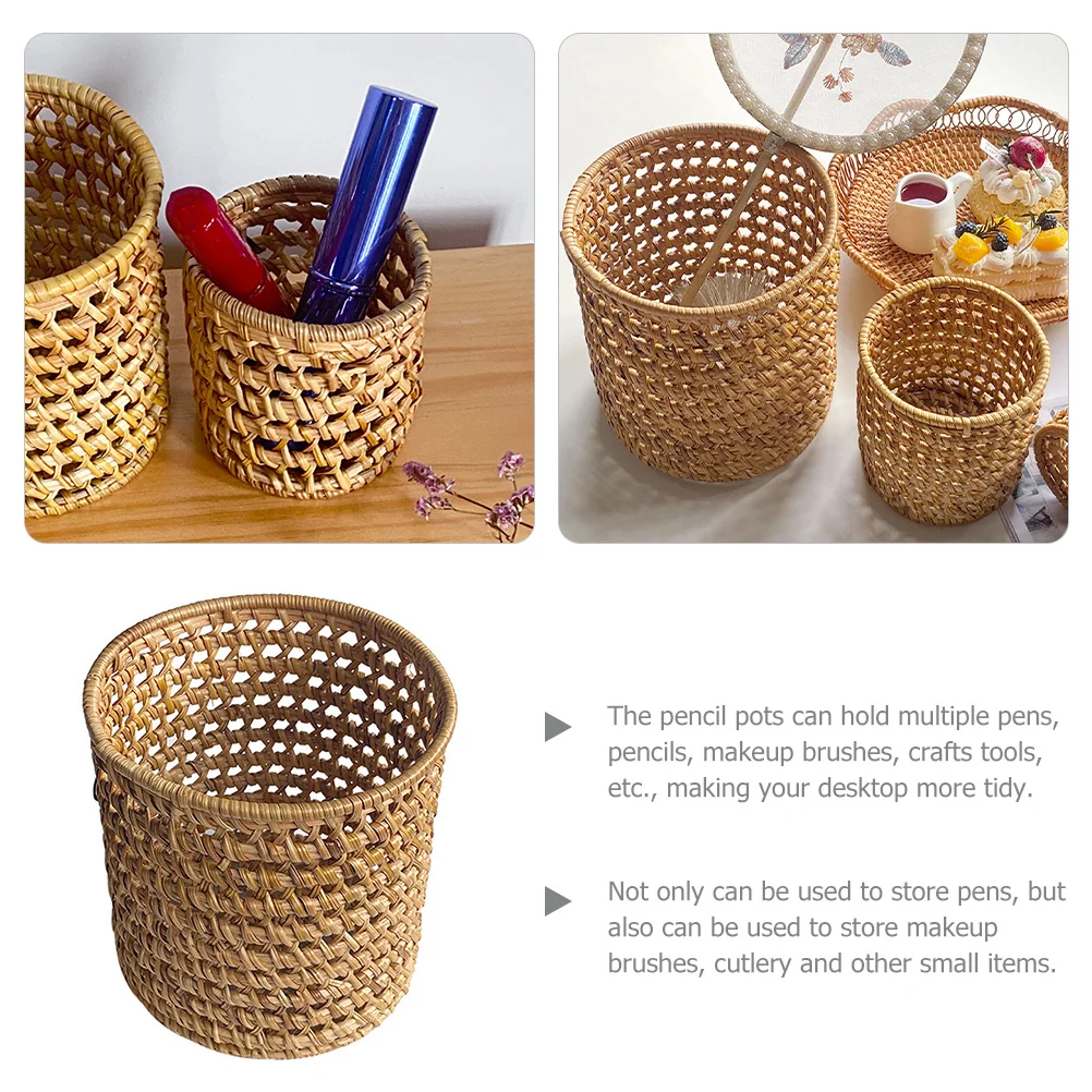 

Woven Rattan Pencil Holder Desktop Pen Organizer Rustic Pencil Cup Large Capacity Multifunctional Office Supply Storage Box