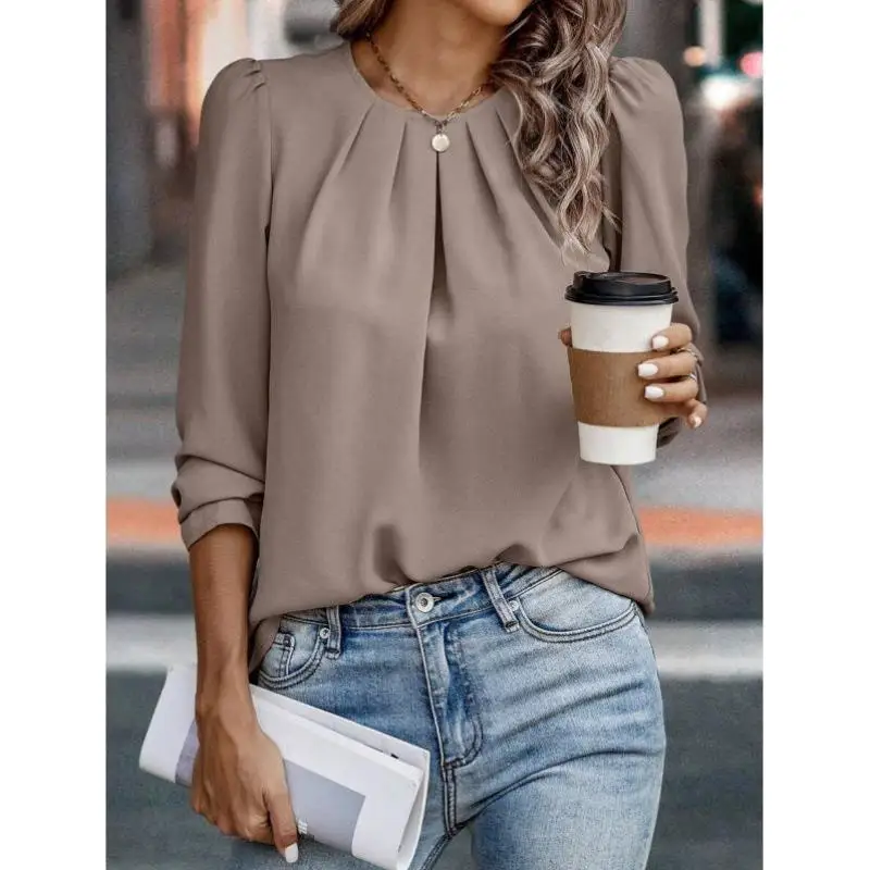 Long Bubble Sve irt New Sle Pure Color Spring Autumn Casual Pure Color Long irt Women's Faion Polypropylene Material