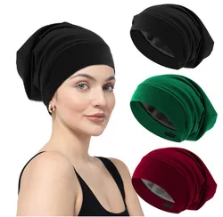 Satin Lined Hair Bonnet Hat For Women Men Bamboo Cotton Elastic Night Sleeping Caps Silk Skullies Beanies Cap Baggy Hat Headwrap