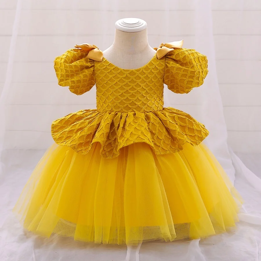 Girls' Bowknot Princess Dress Baby Bubble Sleeve Cake Dress One Year Banquet Flower Boy Show Performance Dress