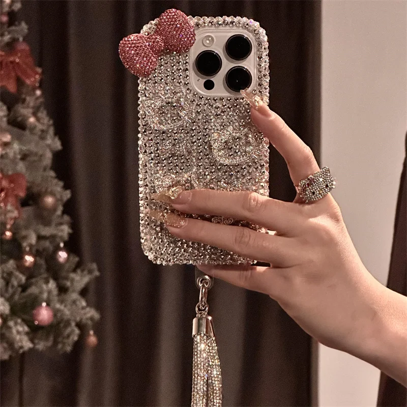 

In Stock Hello Kitty Diamond Bowknot Lustre Lining Hard Phone Case Iphone 16 15 14 13 12 Kawaii Phone Case Girl Surprise Gifts