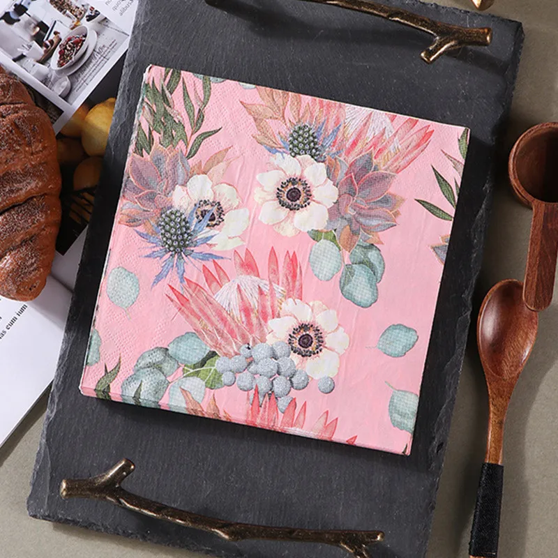 20pcs/bag Vintage Pink Flower Pattern Dinner Table Paper Napkins Tissue Home Birthday Wedding Party Decoration