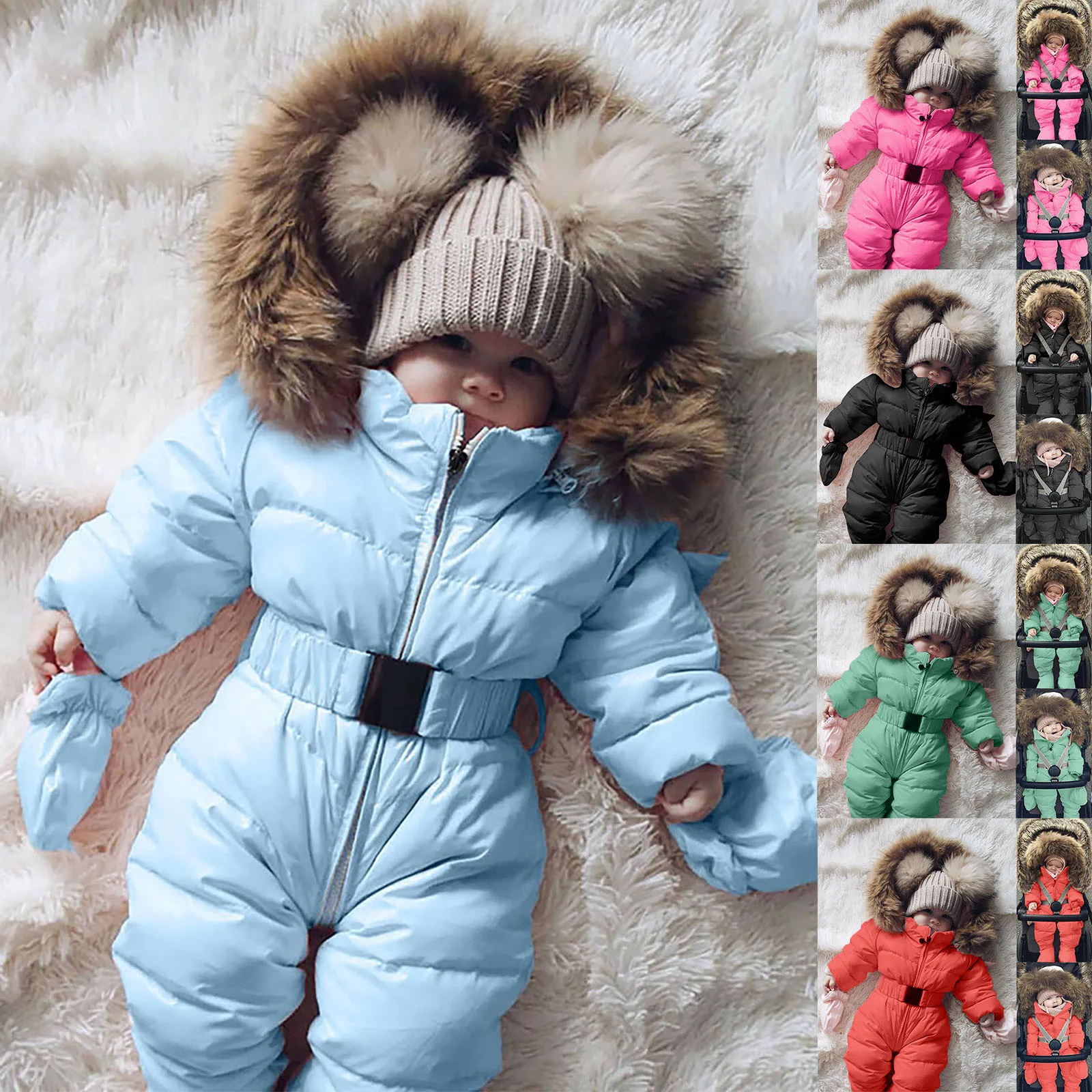 Winter Warm Baby Girls Boys Zipper Down Snow Wear Jumpsuit With Gloves Fashion Toddler Long Sleeve Hooded Thicken Romper Outfit