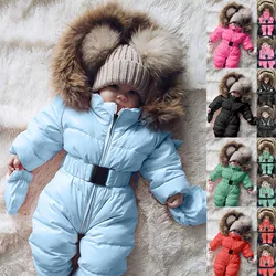 Mono cálido de invierno con cremallera para niños y niñas, ropa de nieve con guantes, moda para niños pequeños, manga larga, mono grueso con capucha