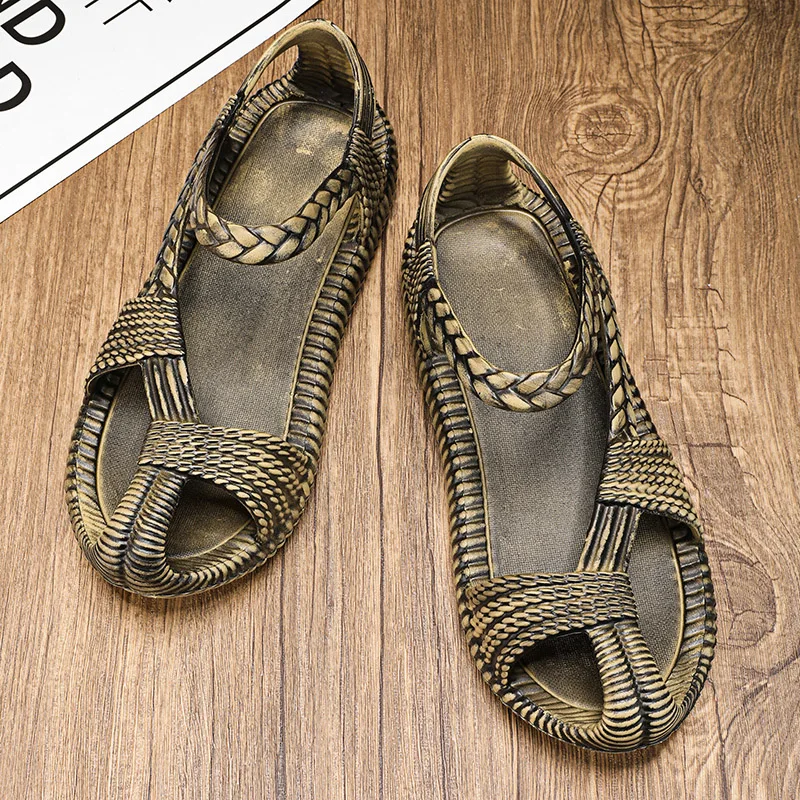 Men's Summer Outdoor Water Sports Woven Sandals Breathable Driving Work Large Size Grass Shoes Comfortable Casual Slip-On San...