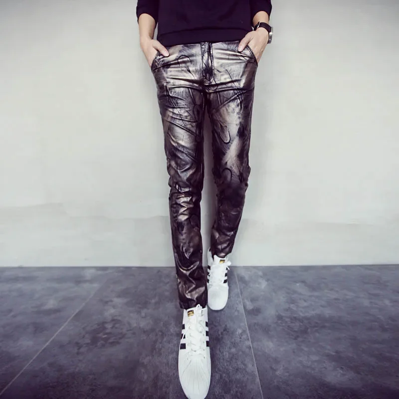 

YASUGUOJI New 2022 Autumn Punk Style Fashion Print Pu Leather Pants Men.slim Fit Pencil Pants Pantalon Homme Men's Clothing