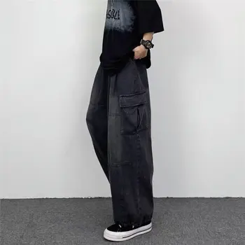 남성용 헐렁한 청바지, 넓은 다리 바지, 큰 주머니, 신축성 허리 스트리트웨어 바지, 남성용 느슨한 데님 바지, 2024 용수철 가을