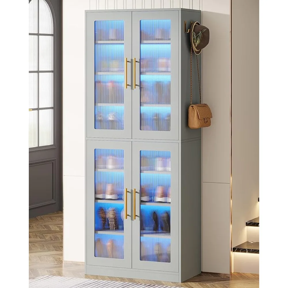 Tall Shoe Storage Cabinet with Acrylic Doors and LED Lights, 8-Tier Entryway Shoe Organizer Rack with Adjustable Shelves