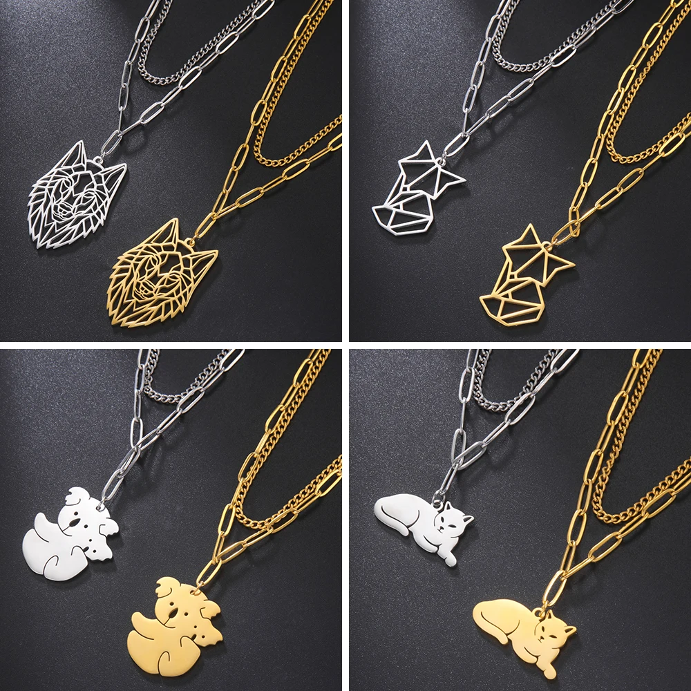 Teamer Wolf Head Necklace for Men Women Fox Koala Dragon Cat Animal Pendant Stainless Steel Necklaces Cute Jewelry Birthday Gift