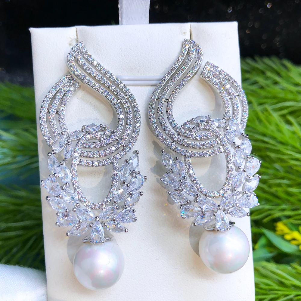 

GODK Trendy Simulated Pearl Statement Earrings For Women Wedding Cubic Zircon Party Dubai Bridal Jewelry