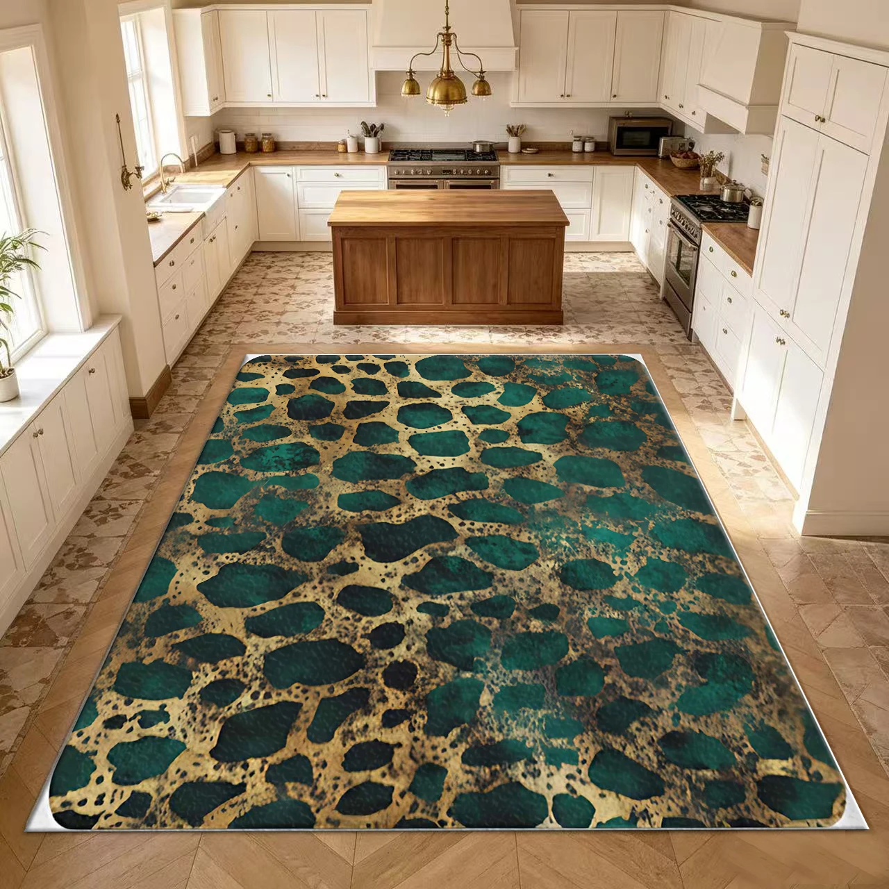 Teal Green and Gold Leopard Print Carpet, Stylish Animal Pattern Carpet, Modern Living Room Floor Carpet