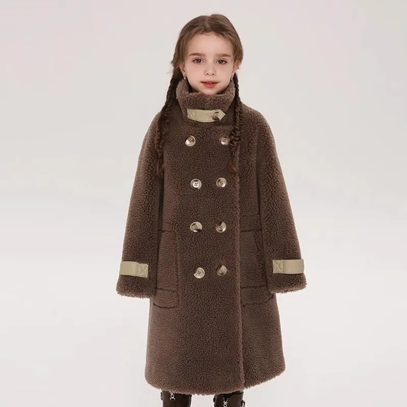 

2024 Winter New Children's Lamb Fur Coat Girls Particle Wool Thickened Warm Coat Double-Breasted Jacket A4285