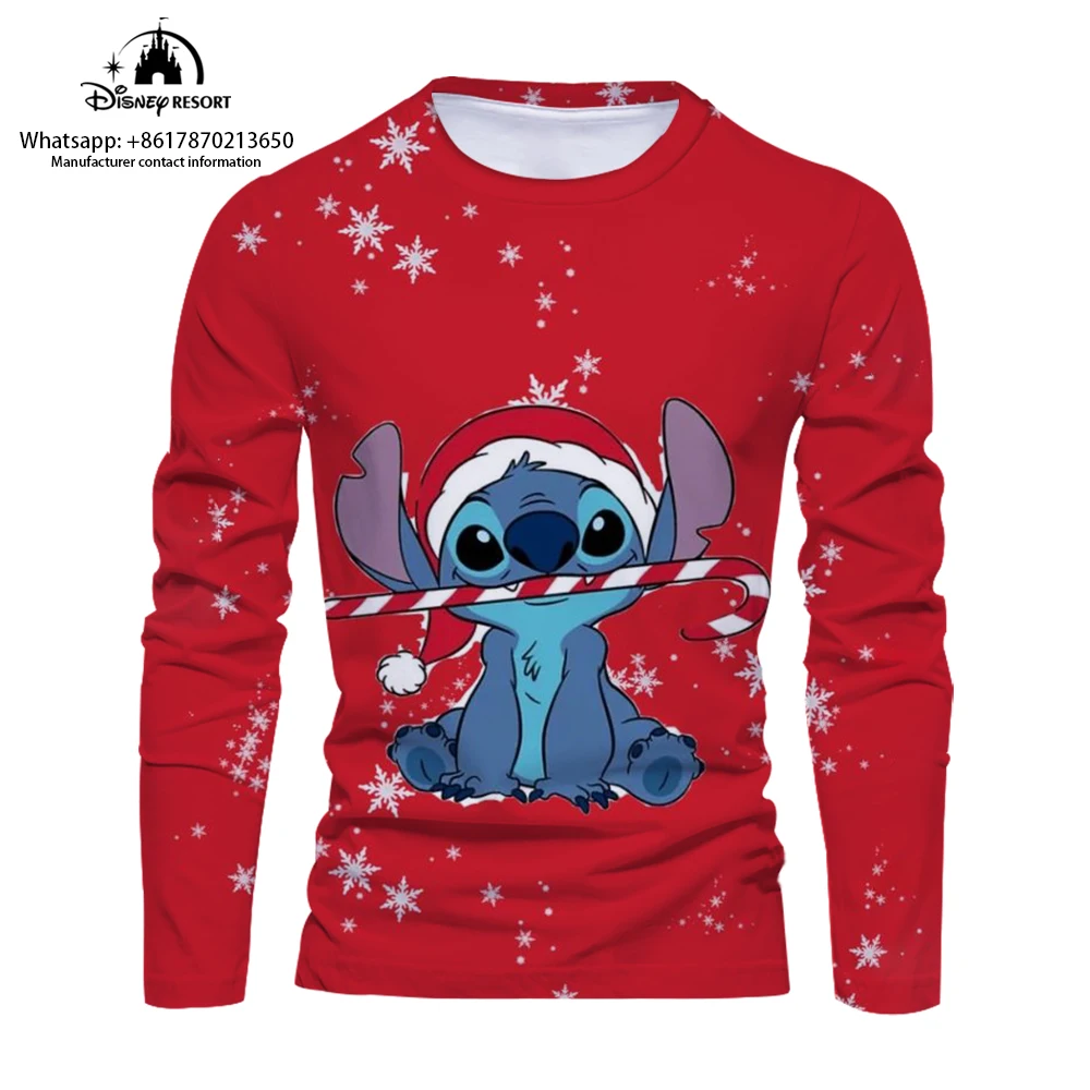 Fashion casual men's long-sleeved T-shirt bottoming shirt Stitch cartoon 3D comfortable men's long-sleeved T-shirt 2024 new