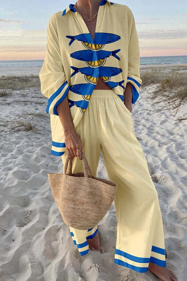 2025 New Summer Vacation Style Cruise Print 2-Piece Set Lapel Shirt+Lace-up Wide-Leg Pants For Women Cruise Outfit Beach Holiday