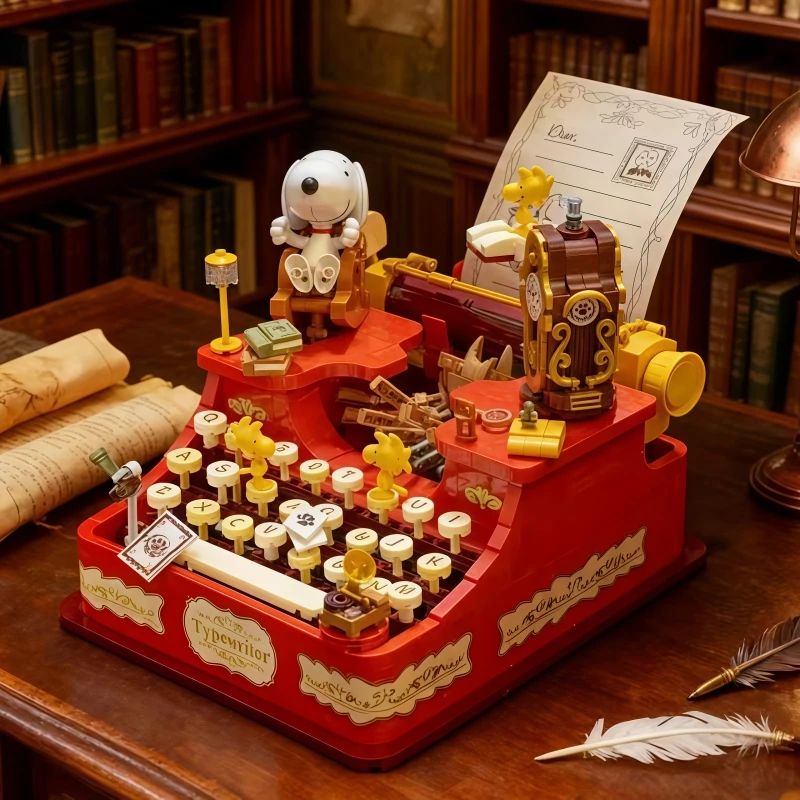 

Snoopy Building Blocks Musical Typewriter Movable Building Block Educational Toy Model Desktop Ornaments Christmas Gift
