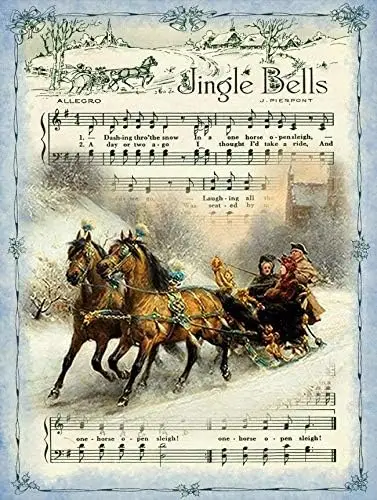 Vintage Jingle Bells Sheet Music Sleigh Ride with Horses Christmas Home Bar Pub Kitchen Restaurant Wall Deocr Plaque Signs -alum