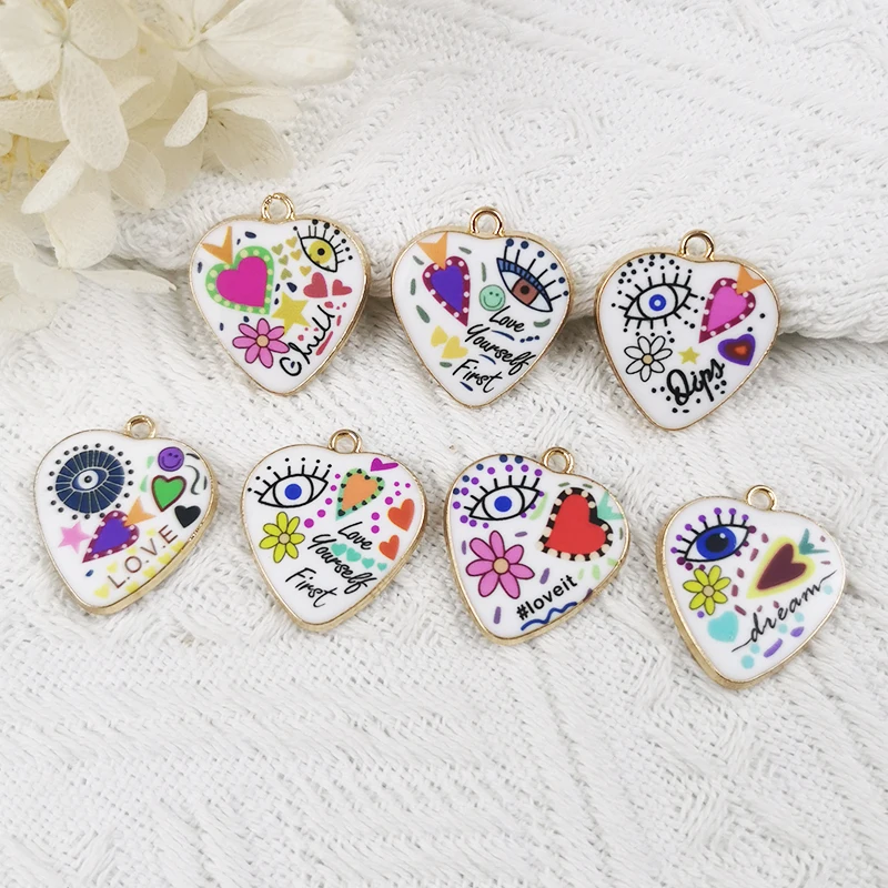 MuhNa 10pcs Heart Shaped Devil Eye Enamel Charms For Jewelry Making Halloween Alloy Pendant DIY Bracelet Necklace Accessory