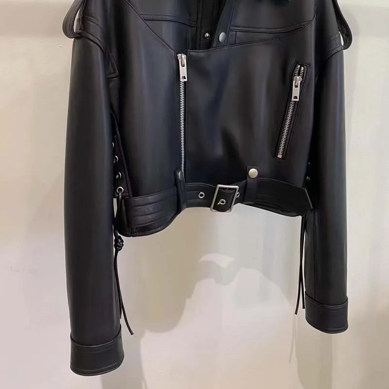 New Fashion 2023 Women Coat Spring Short Length Moto & Biker Style Turn-Down Collar Genuine Leather Jacket With Belt Long Sleeve