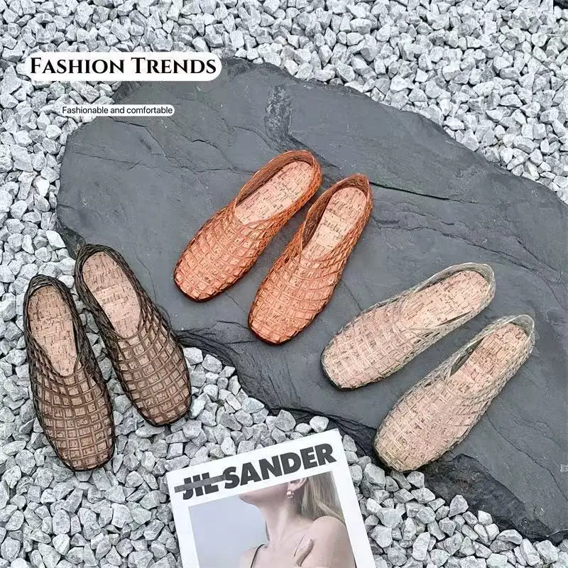 Summer Crystal Jelly Shoes, Red Hollow-out Sandals, Breathable Flat Transparent Single Shoes, Summer Crystal Jelly Shoes, Flat