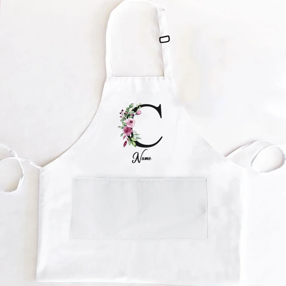 Personalized Kitchen Aprons Floral Initial W/Name Customized Women Cooking Apron W/Pockets Custom Chef White Gifts for Baking